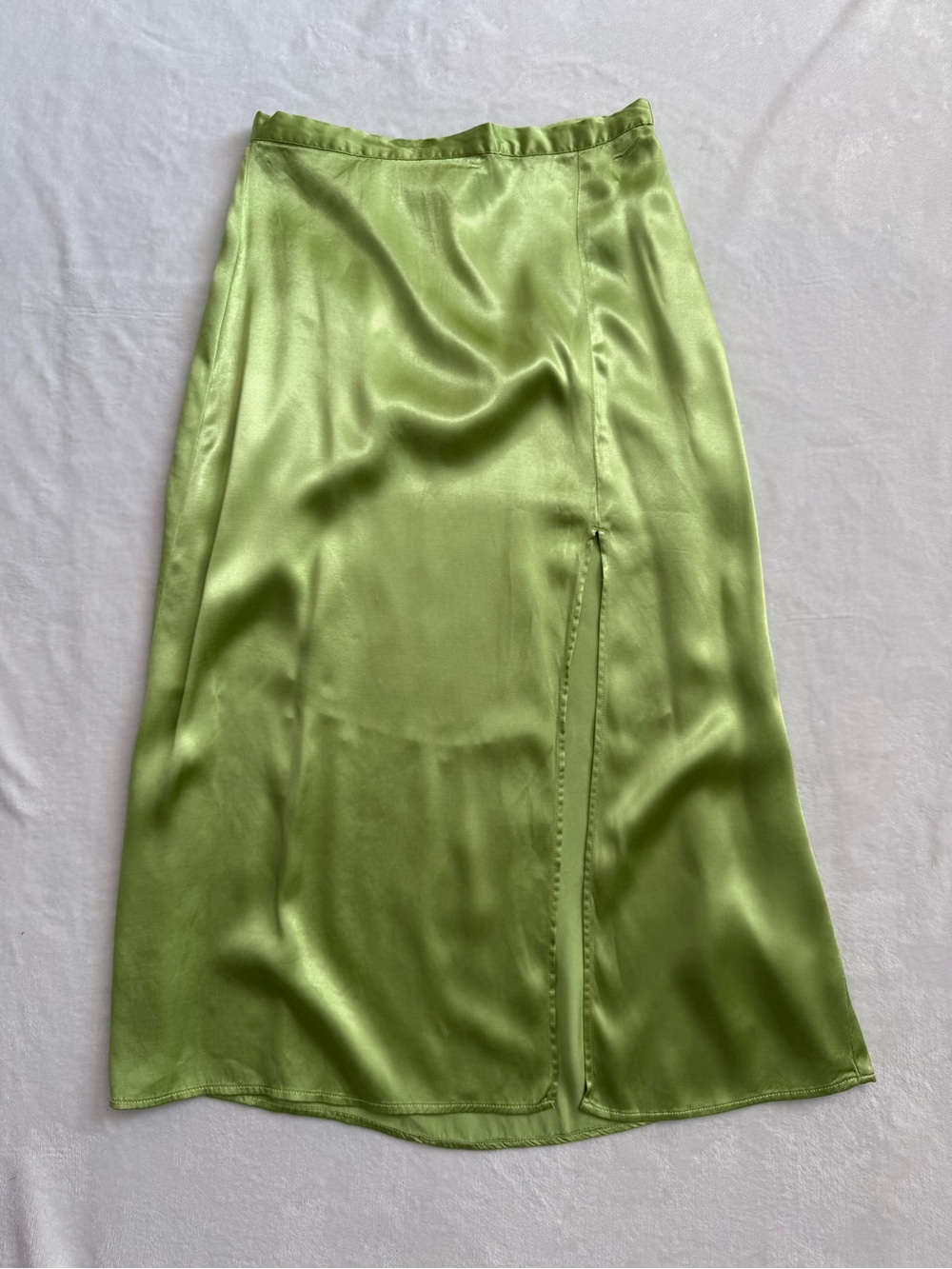 Y2K Lime Green Satin Slip Midi Skirt Bias Cut Slit Skirt Size 6 - Picture 2 of 6
